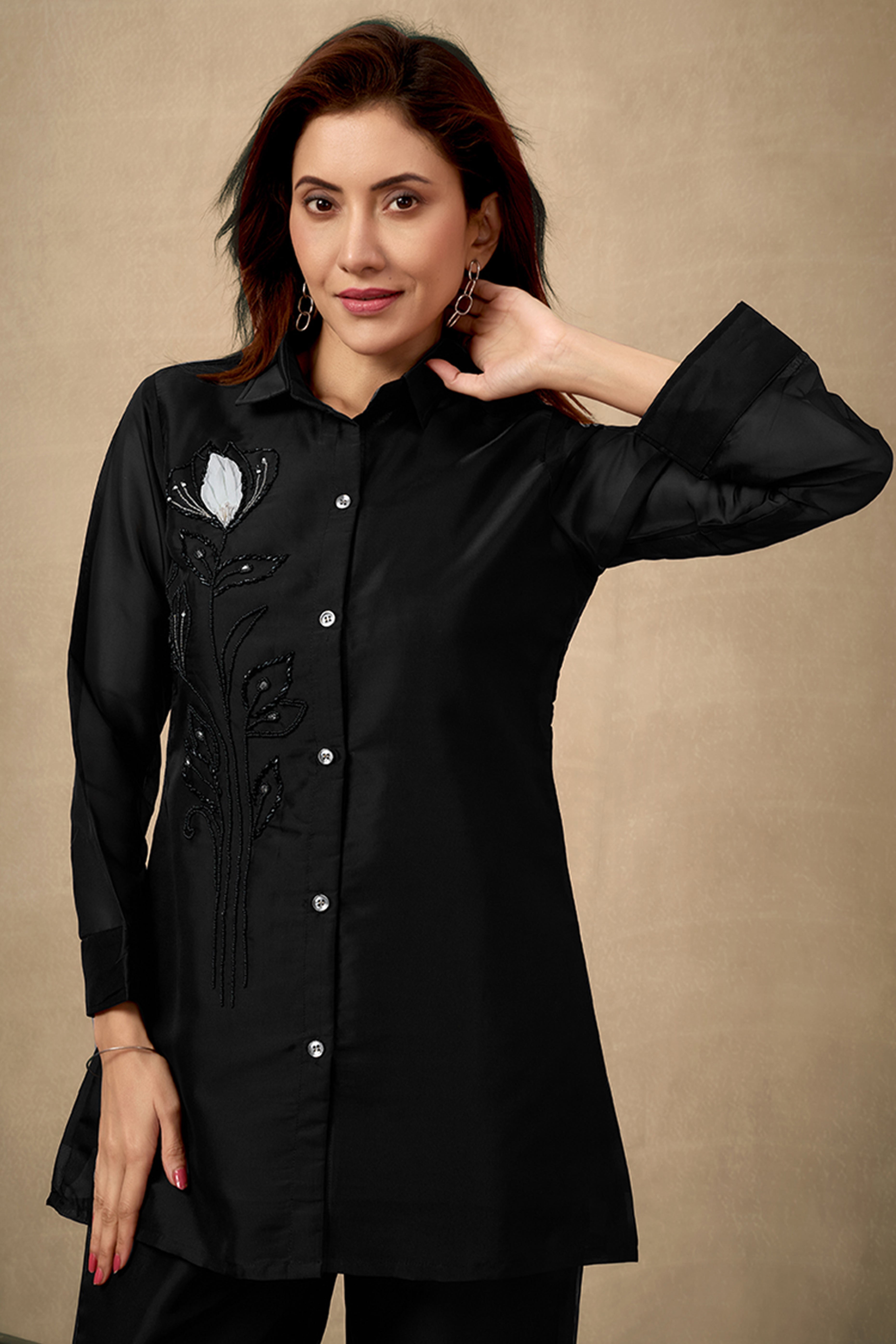 Black Organza Co-Ord Set with Floral Pattern & Stone Handwork – Elegant Party Wear