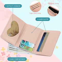 Pink Small Wallet for Women & Teens – PU Leather Trifold Card & Cash Holder with Floral Snap & ID Window