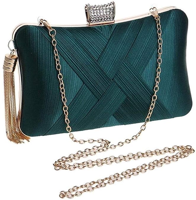 Handicraft Satin Evening Clutch for Women | Elegant Box Clutch with Crystal Clasp & Detachable Tassel Chain