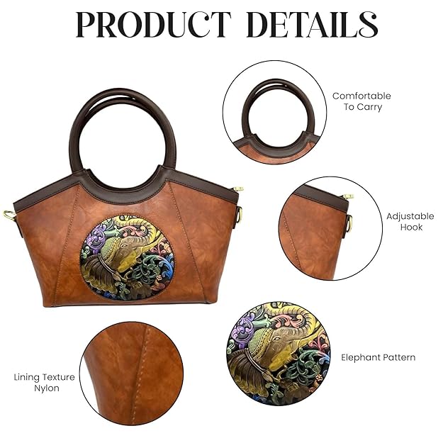 Women’s Embossed Elephant PU Leather Handbag – Vintage Square Tote with Zipper Closure