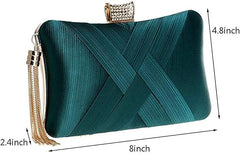 Handicraft Satin Evening Clutch for Women | Elegant Box Clutch with Crystal Clasp & Detachable Tassel Chain