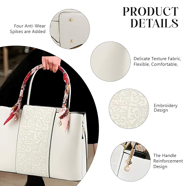 Women’s Embroidered PU Leather Handbag with Silk Scarf Handle – Elegant Shoulder Tote with Zipper Closure