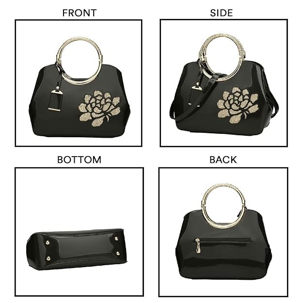 Women’s Glossy Patent Leather Handbag with Floral Design – Elegant Shoulder Bag for Parties & Special Occasions