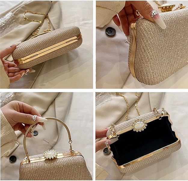 Stylish Gold Glitter Evening Clutch for Women – Party, Wedding & Special Occasion Handbag with Chain Strap