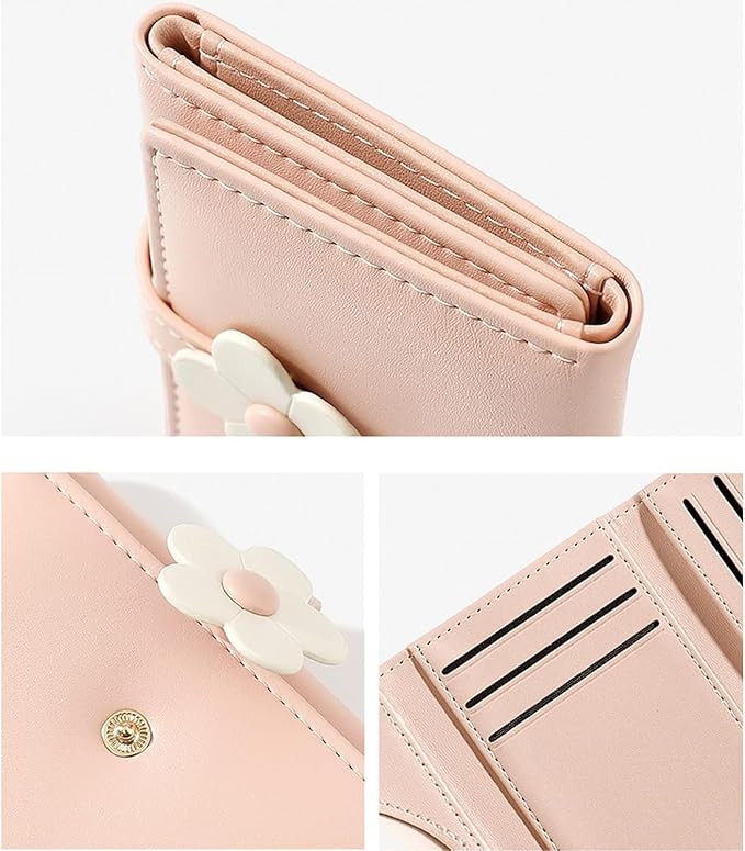 Pink Small Wallet for Women & Teens – PU Leather Trifold Card & Cash Holder with Floral Snap & ID Window