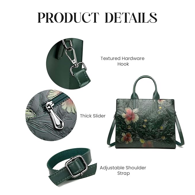 Women’s Vintage-Inspired Green Embossed Floral Square Handbag – PU Leather Zipper Bag with Chain Accent for Daily Elegance