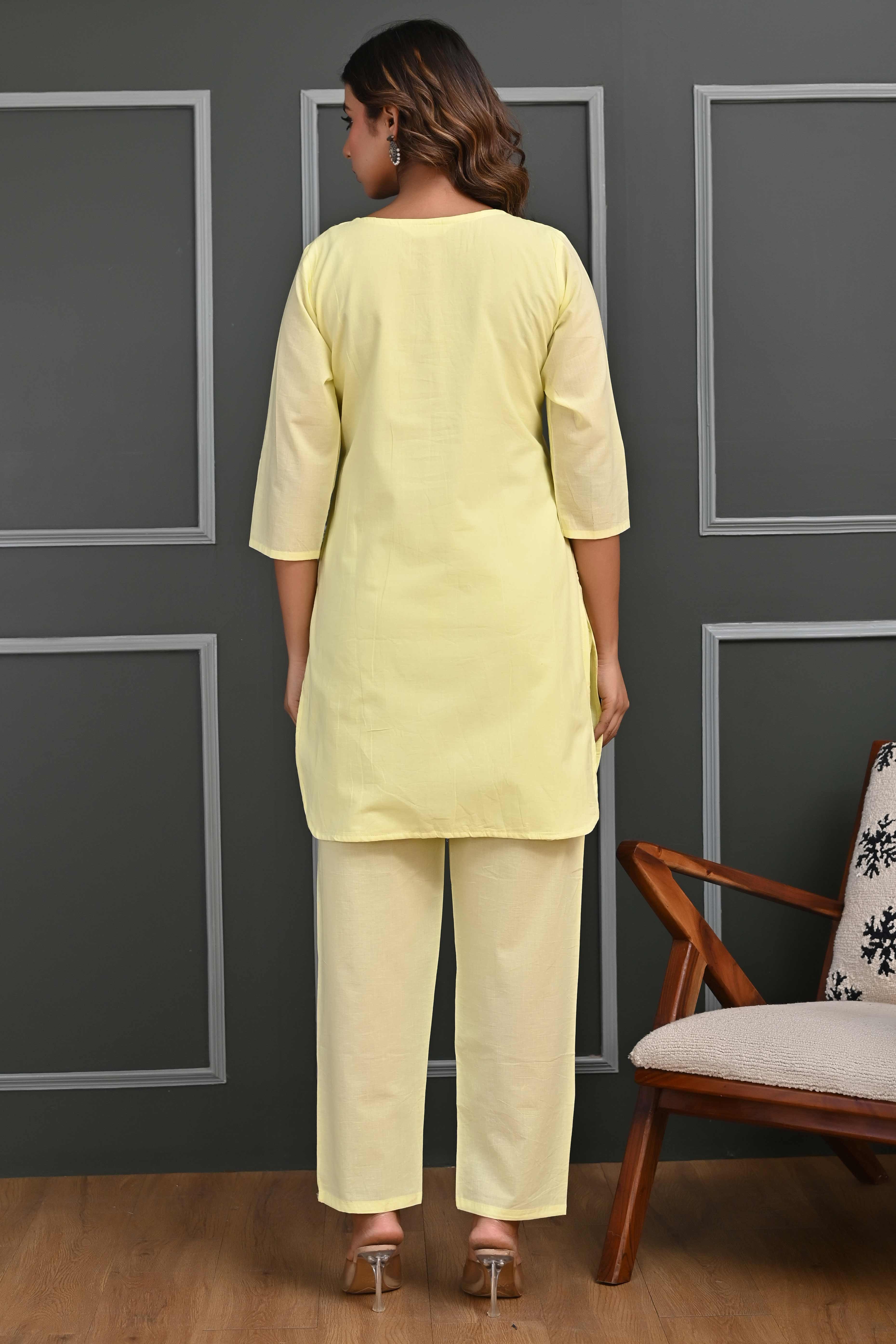 Yellow Floral Embroidered Co-Ord Set – Top & Bottom