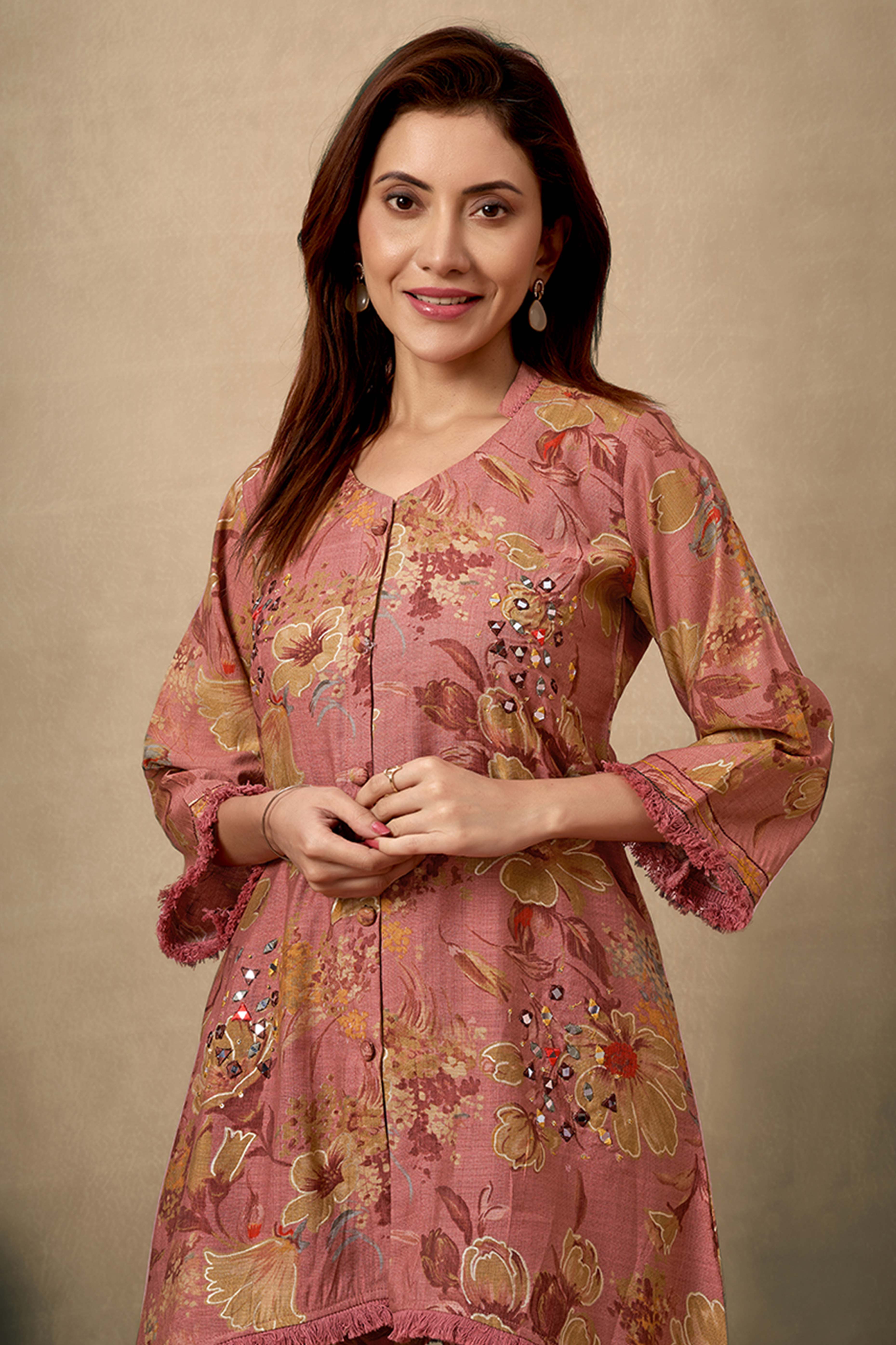 Dark Mauve Cotton Co-Ord Set with Mirror Work & Floral Prints – Elegant & Comfortable