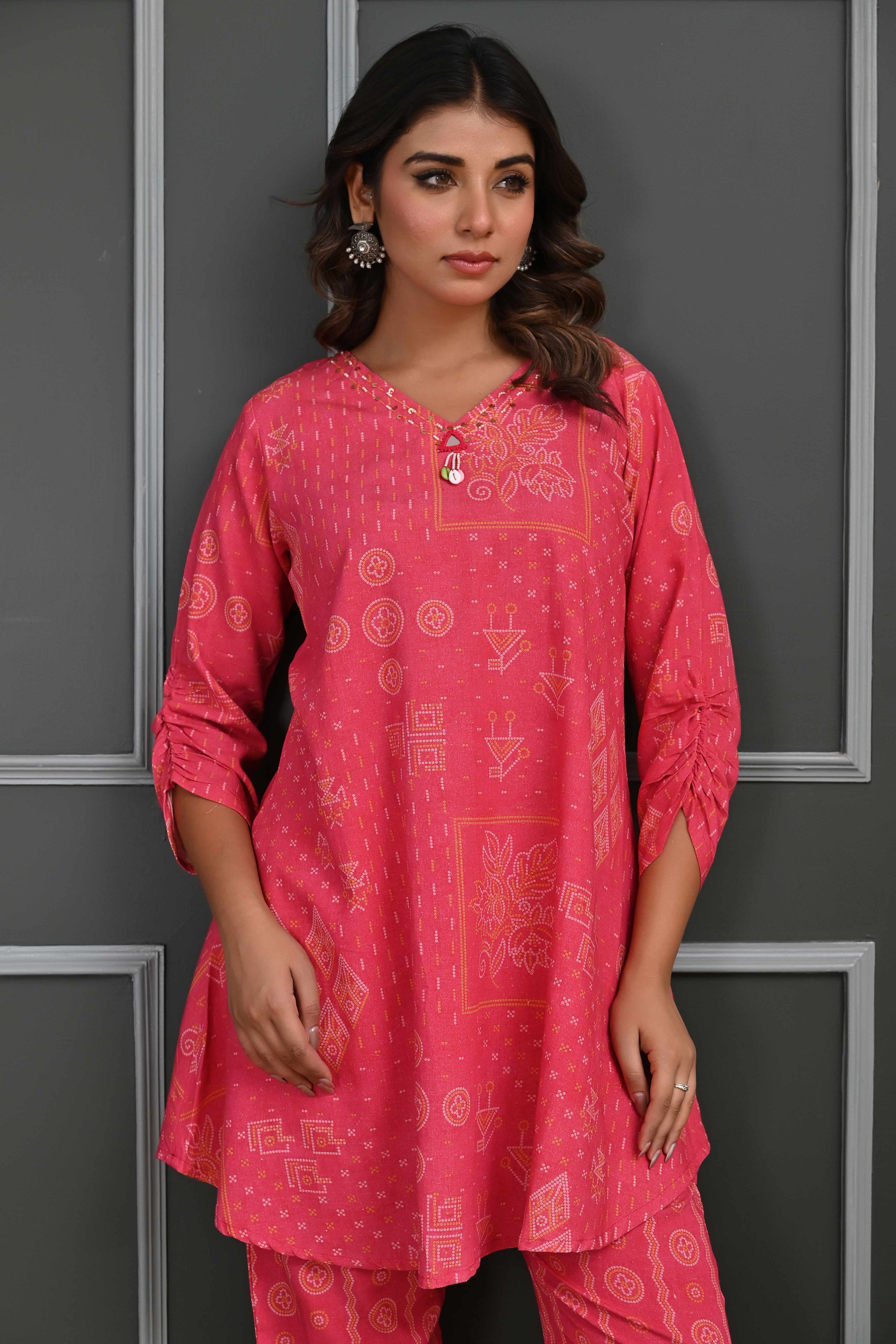 Rani Pink Bandhani Print Co-Ord Set with Sequined Neck – Lightweight & Stylish Festive Wear
