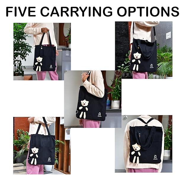 Trendy Canvas Tote Bag for Women & Girls – Aesthetic Korean Style College Bag with Cute Teddy Charm