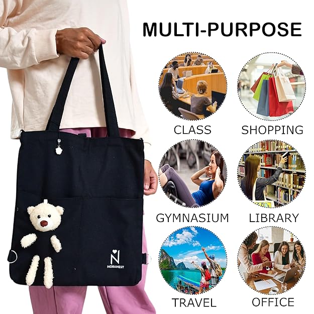 Trendy Canvas Tote Bag for Women & Girls – Aesthetic Korean Style College Bag with Cute Teddy Charm