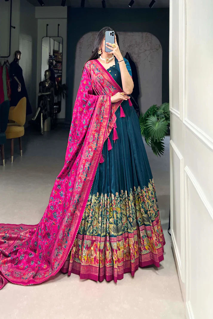 Tussar Silk Lehenga Set with Elegant Foil Print and Gotta Patti Lace Dupatta
