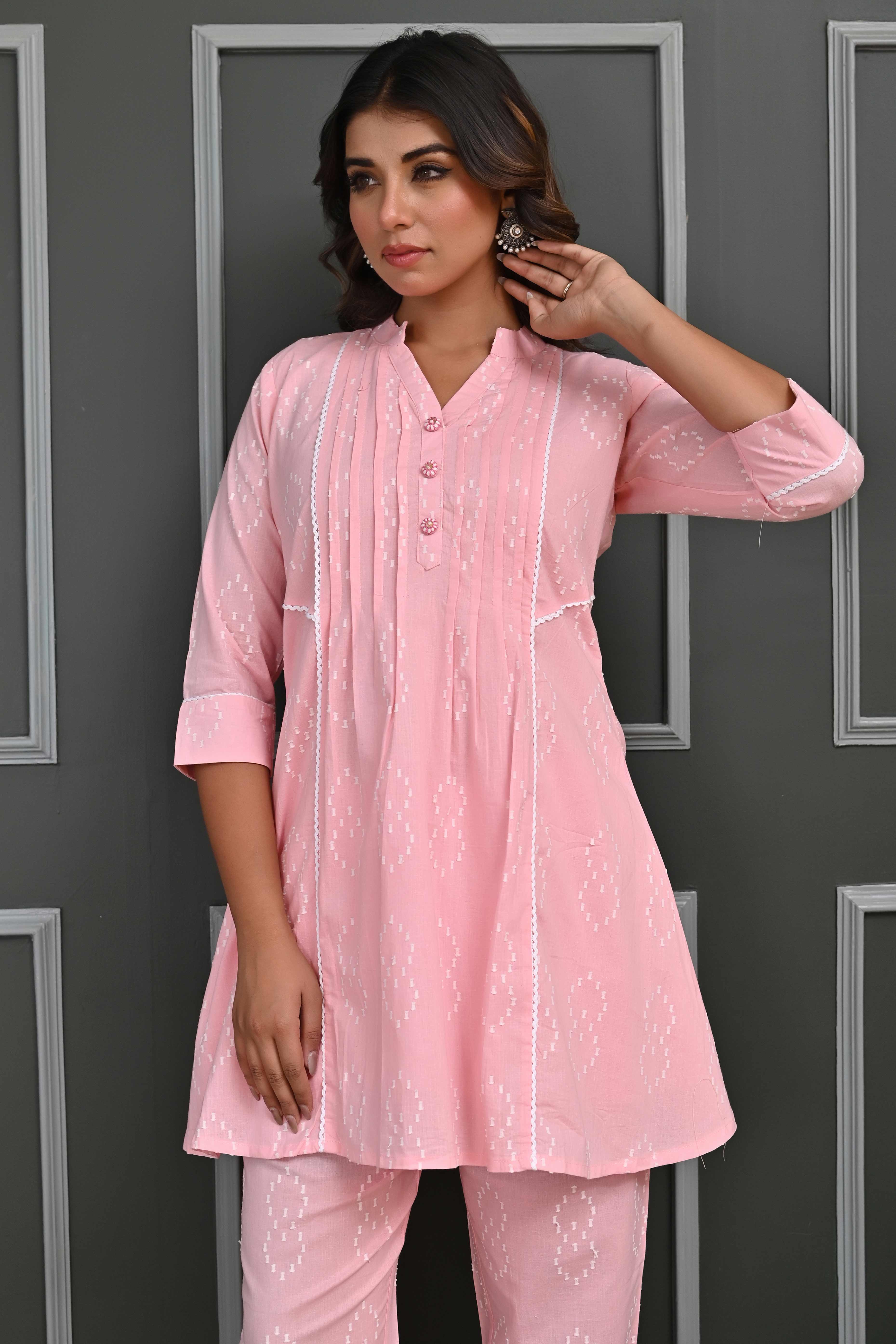 Light Pink Embroidered Cotton Co-Ord Set with Sequin Accents – Elegant & Comfortable
