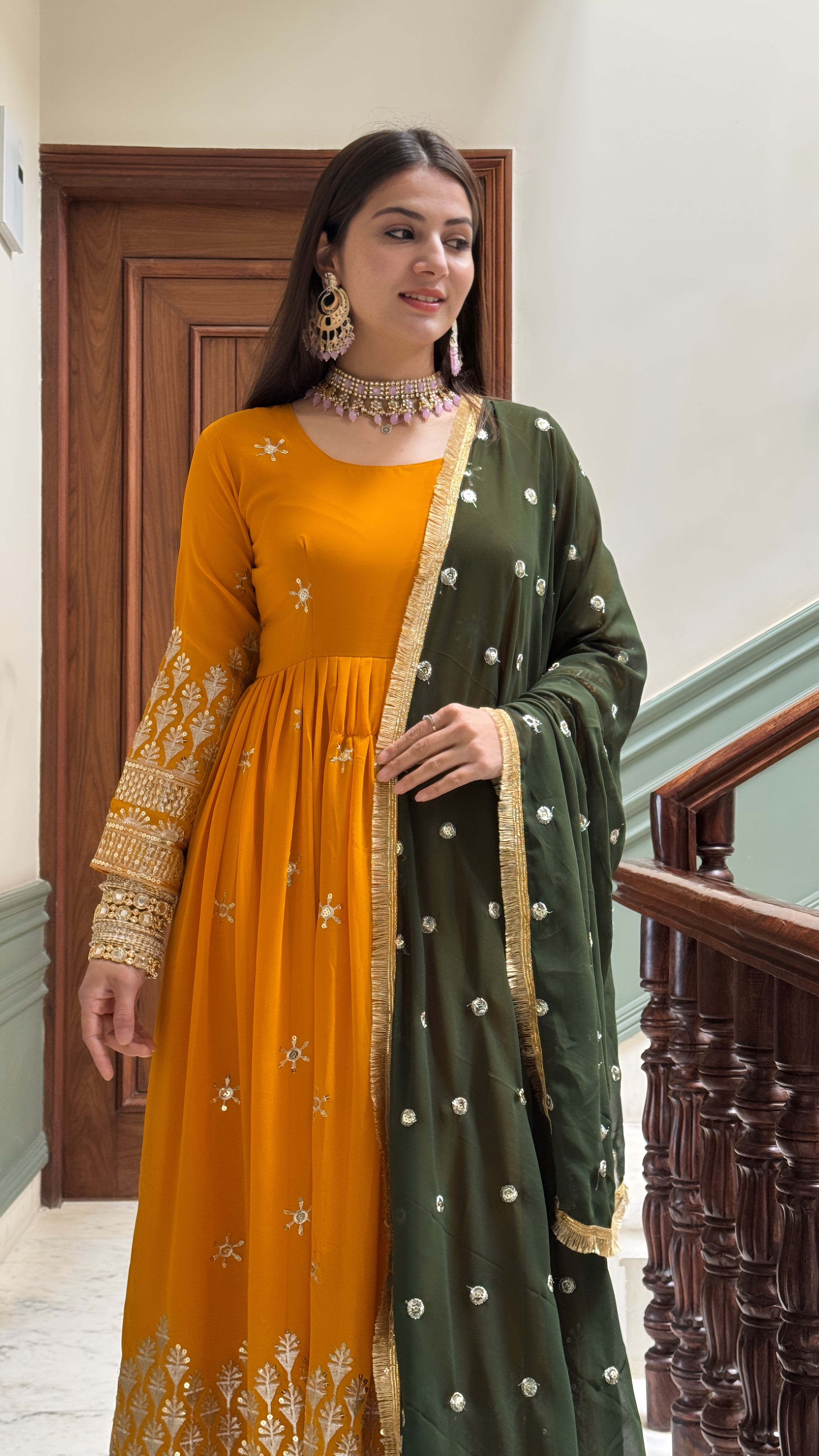 Royal Faux Georgette Anarkali Gown with Embroidered Dupatta – Full Sleeve Design