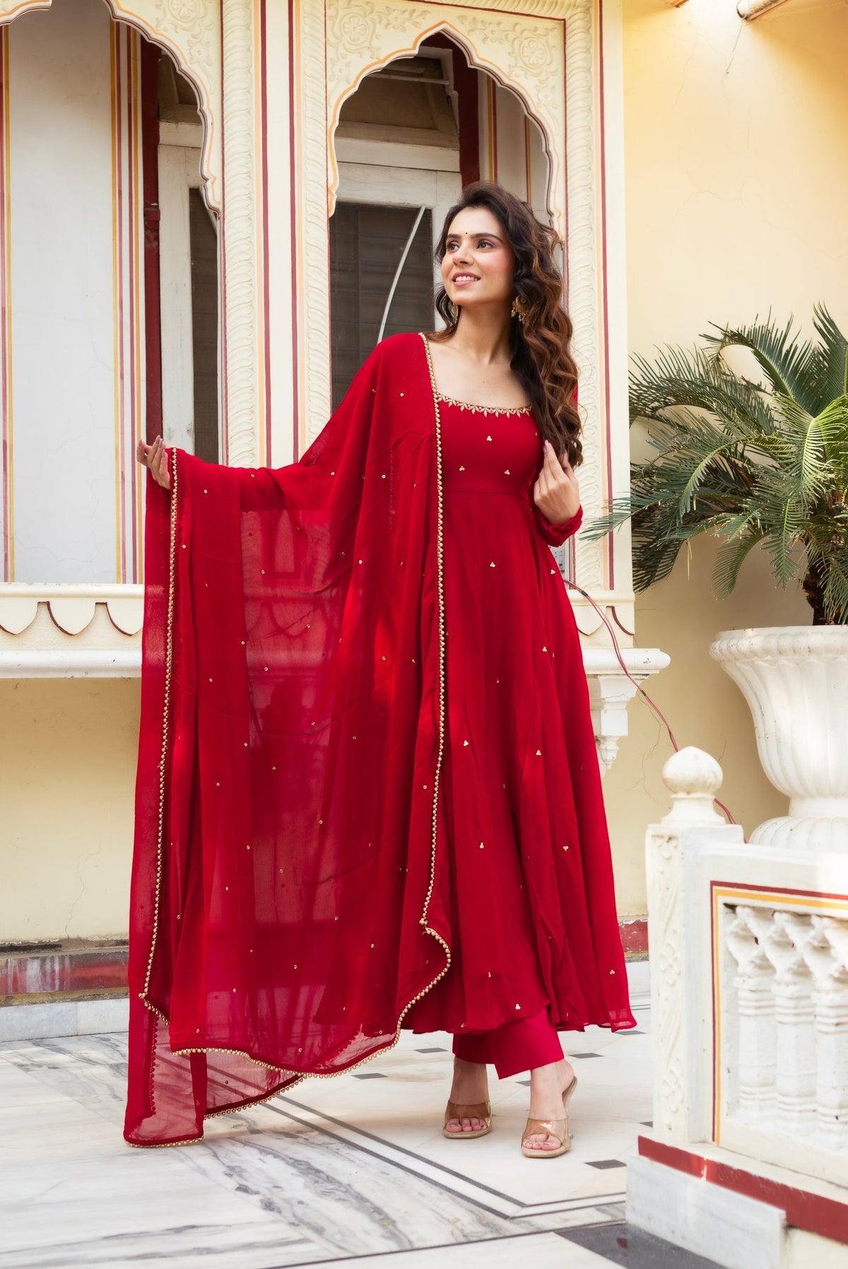 Red Handwork Anarkali Gown with Lace-Embellished Dupatta & Cotton Silk Pants – Festive & Wedding Ready
