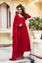 Red Handwork Anarkali Gown with Lace-Embellished Dupatta & Cotton Silk Pants – Festive & Wedding Ready