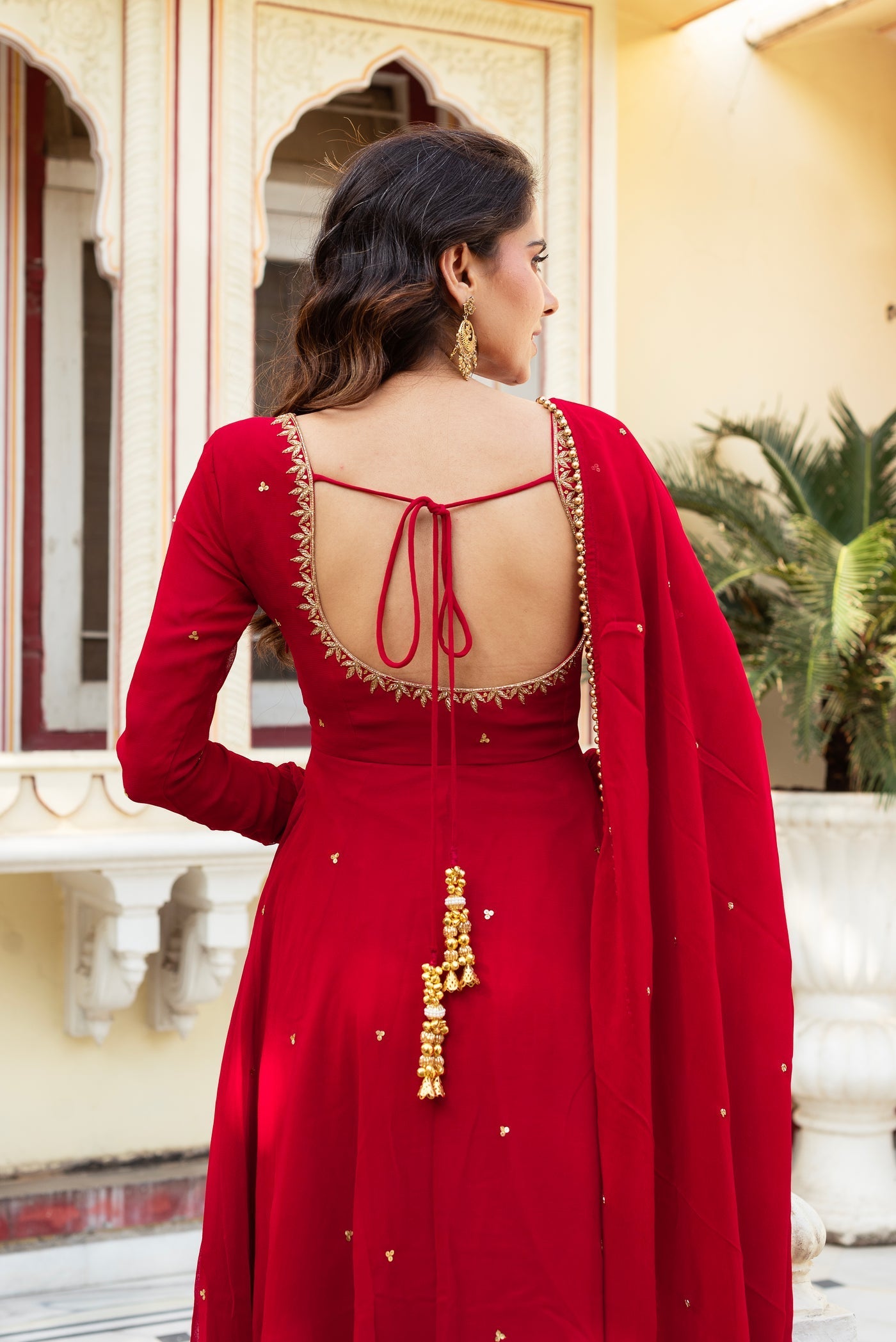 Red Handwork Anarkali Gown with Lace-Embellished Dupatta & Cotton Silk Pants – Festive & Wedding Ready