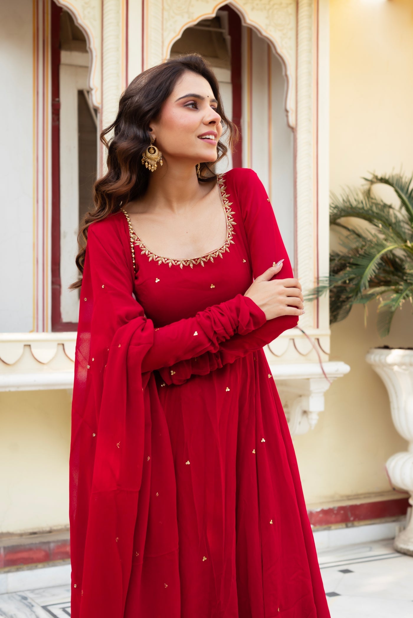 Red Handwork Anarkali Gown with Lace-Embellished Dupatta & Cotton Silk Pants – Festive & Wedding Ready