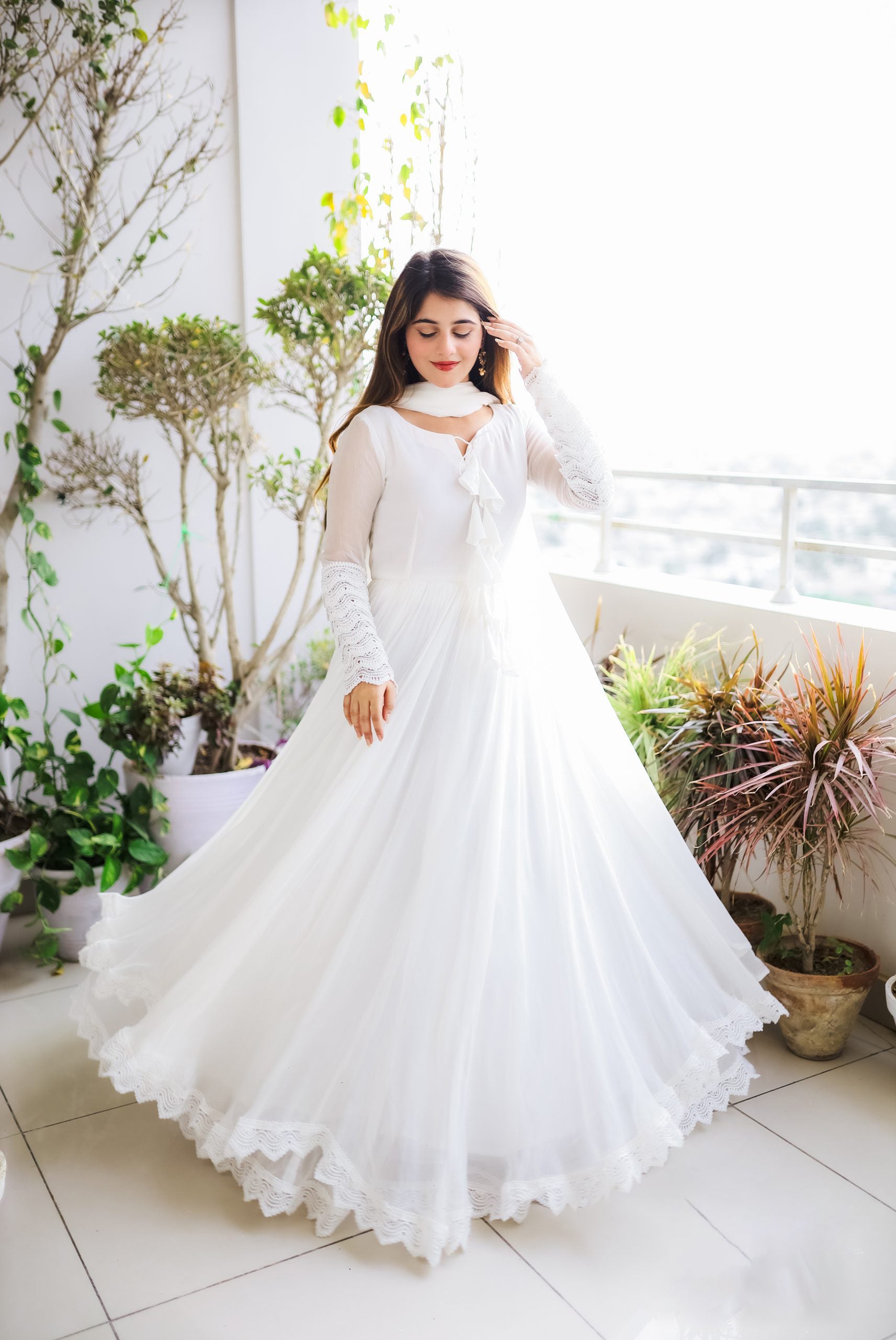 Faux Georgette Anarkali Gown with Lace Work & Tassel Detailing – Party Wear