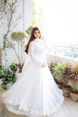 Faux Georgette Anarkali Gown with Lace Work & Tassel Detailing – Party Wear