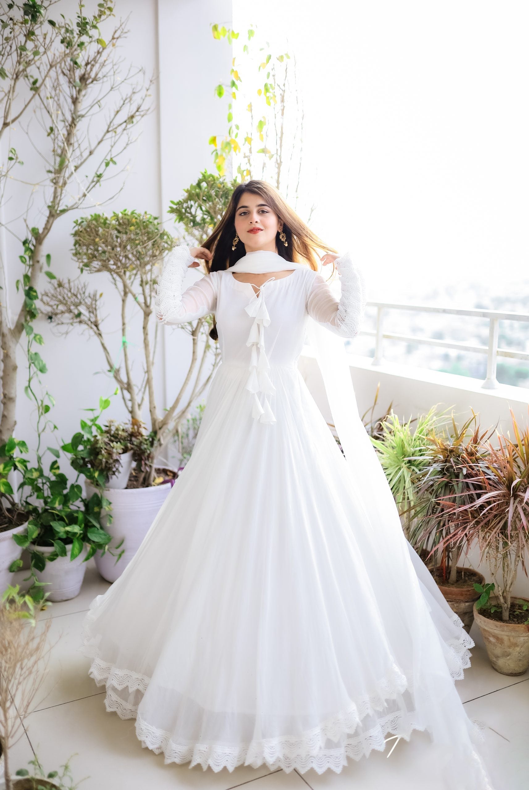 Faux Georgette Anarkali Gown with Lace Work & Tassel Detailing – Party Wear