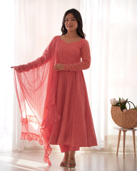 Dark Peach Georgette Lucknowi Embroidered Anarkali Suit