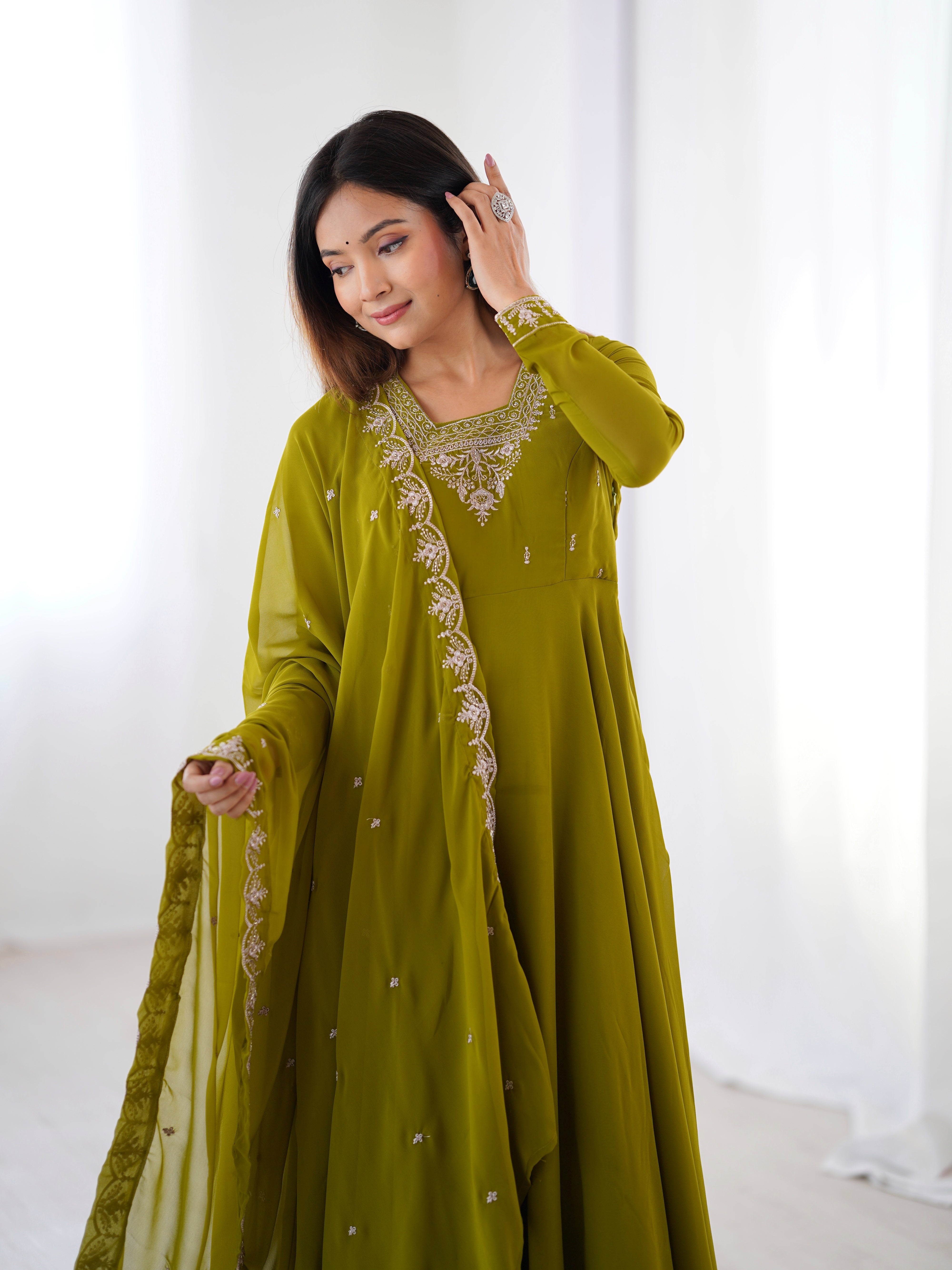 Mehndi Green Georgette Three-Piece Anarkali Suit – Embroidered Festive Wear
