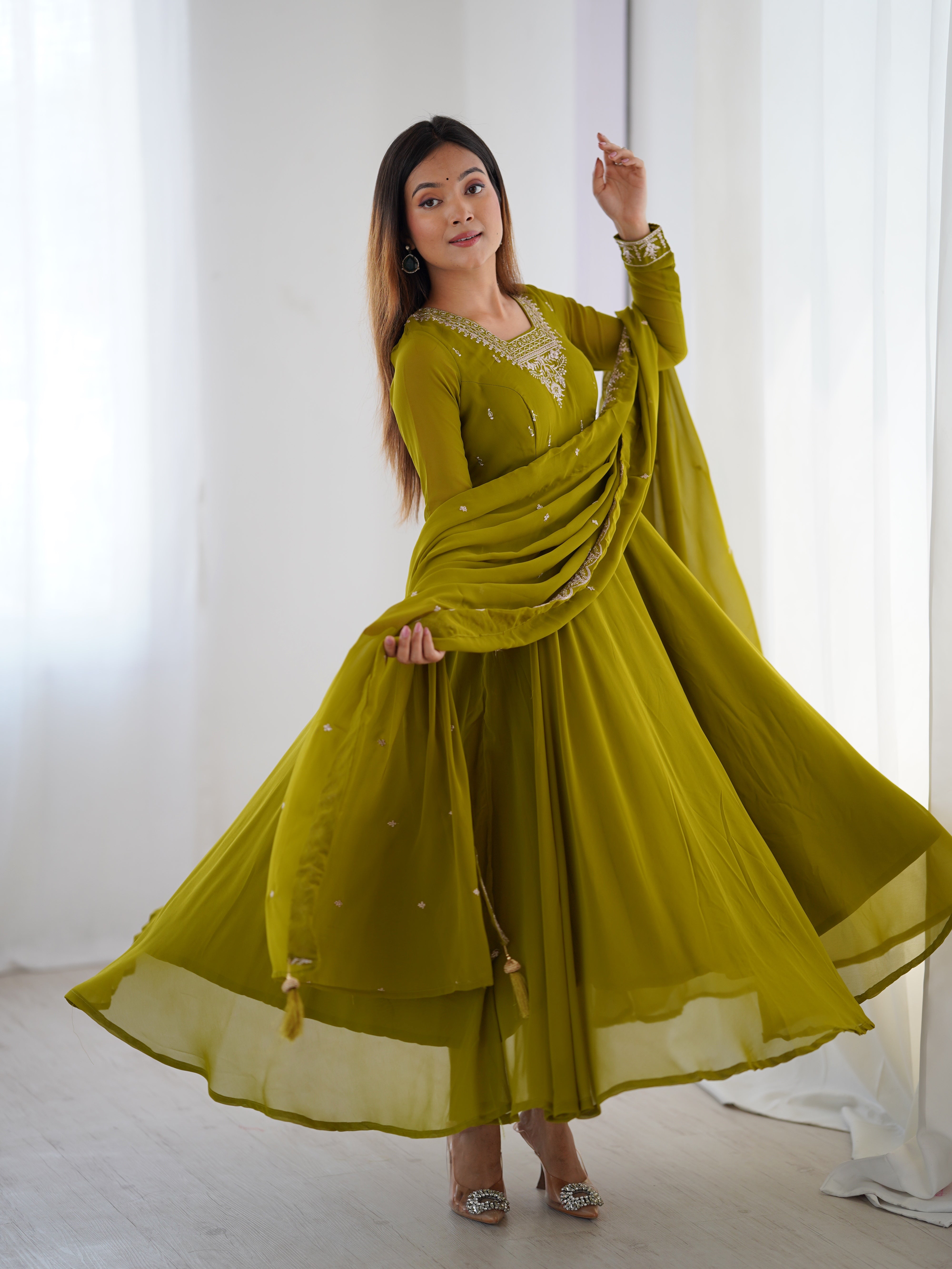Mehndi Green Georgette Three-Piece Anarkali Suit – Embroidered Festive Wear