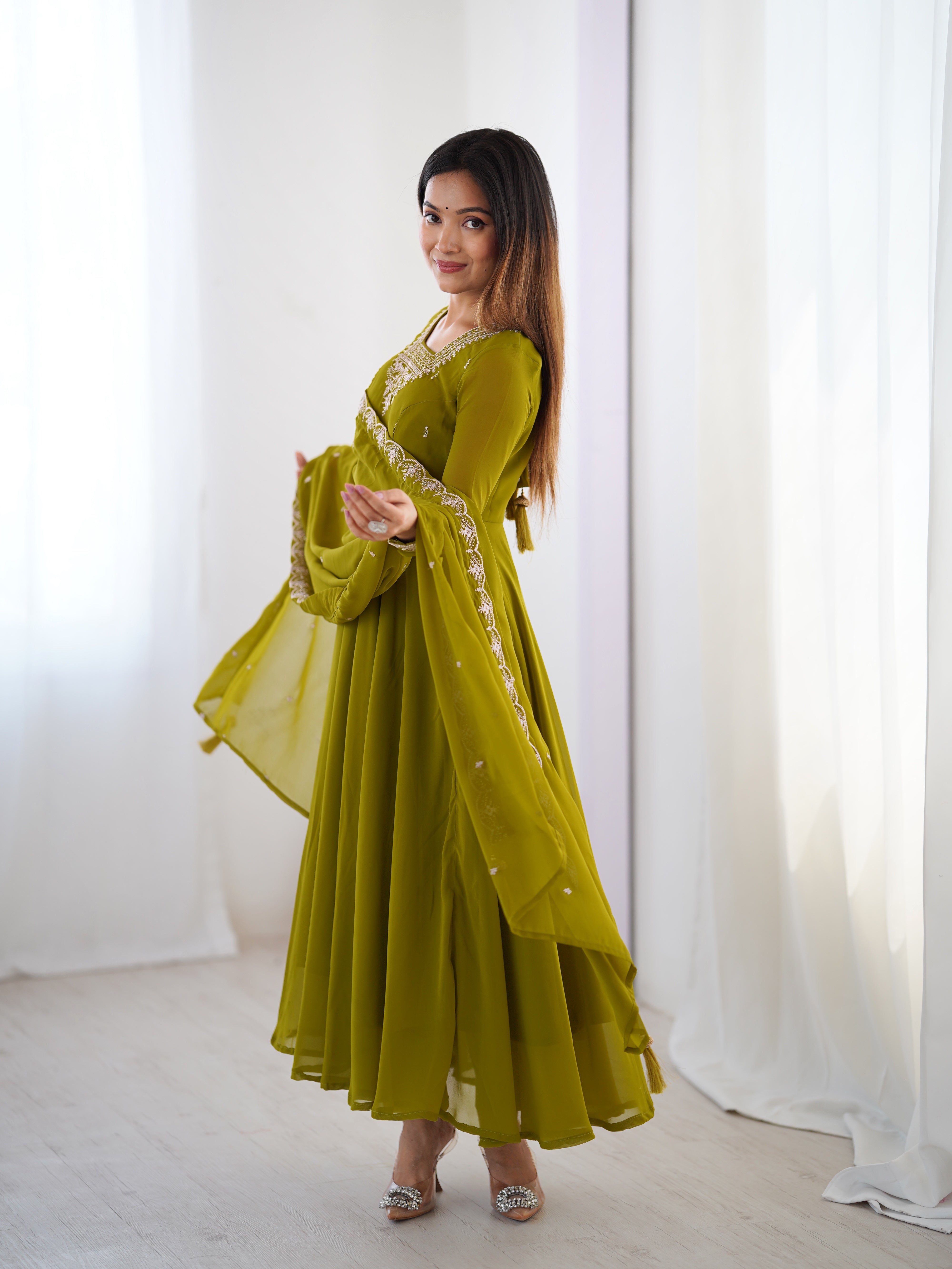 Mehndi Green Georgette Three-Piece Anarkali Suit – Embroidered Festive Wear