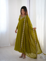 Mehndi Green Georgette Three-Piece Anarkali Suit – Embroidered Festive Wear