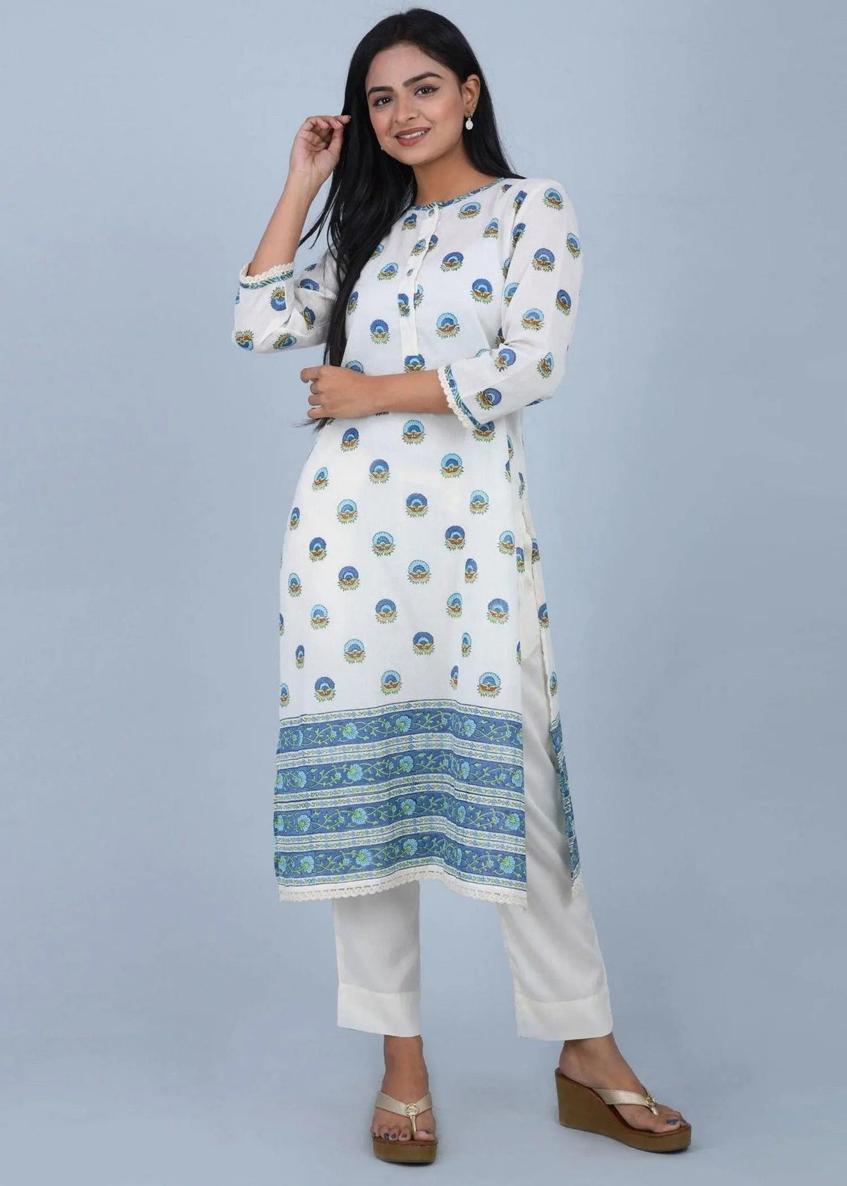 Blue & Turquoise Cotton Kurta with Suzuni Motifs