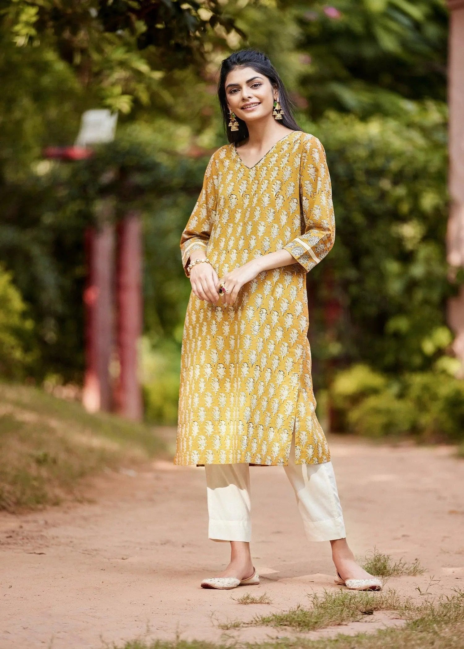 Mustard Straight-Cut Hand-Block Printed Cotton Kurta
