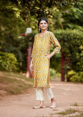 Mustard Straight-Cut Hand-Block Printed Cotton Kurta