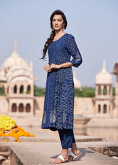 Vaayu Flared Kurta in Classic Bhandhej Print – Navy