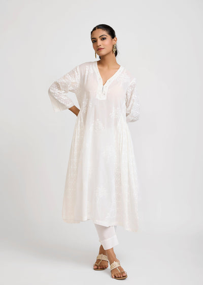 White Cotton Semi-Flared Kurta with Embroidery