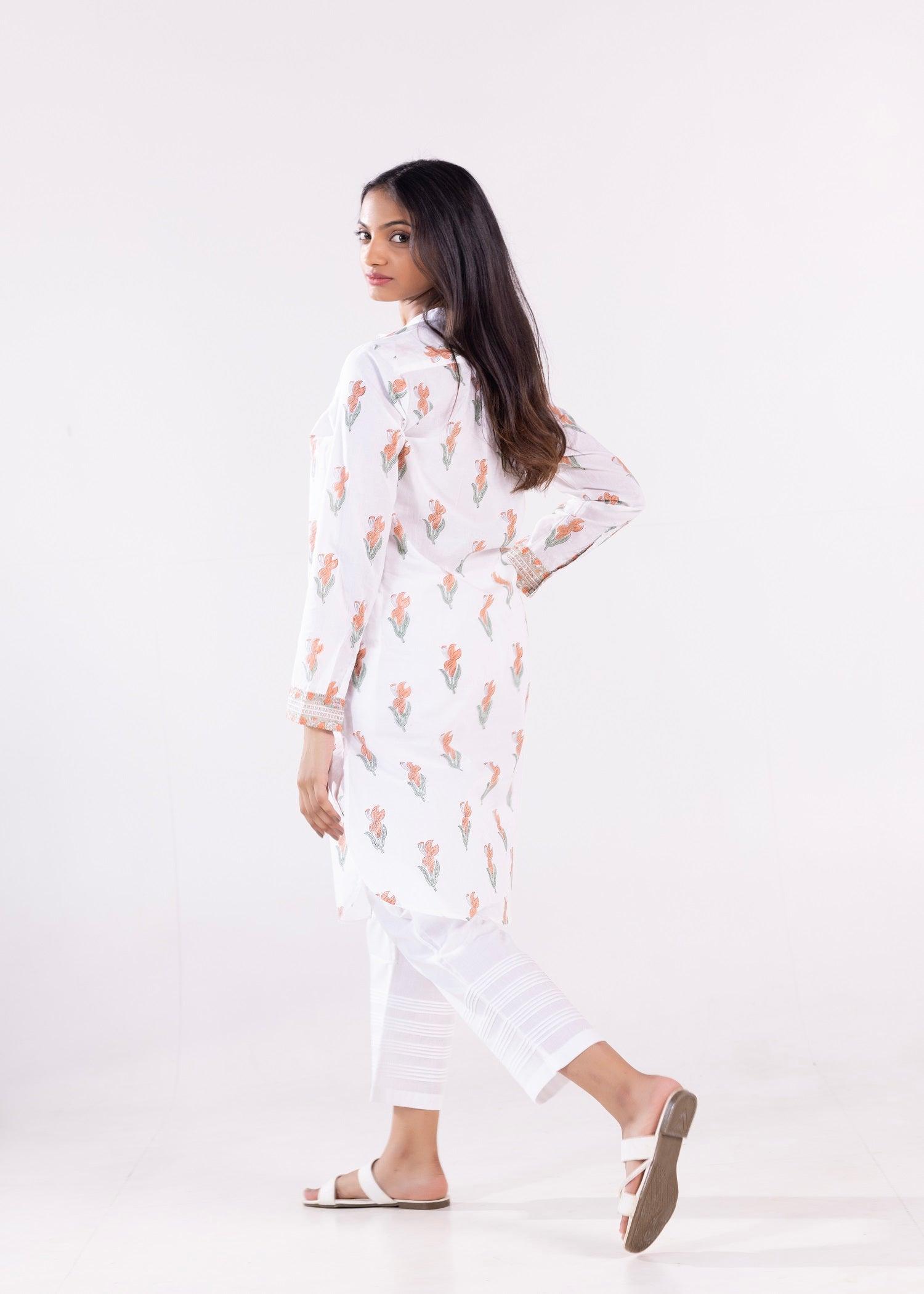 White & Dusty Orange Cotton Kurta with Handcrafted Block Print