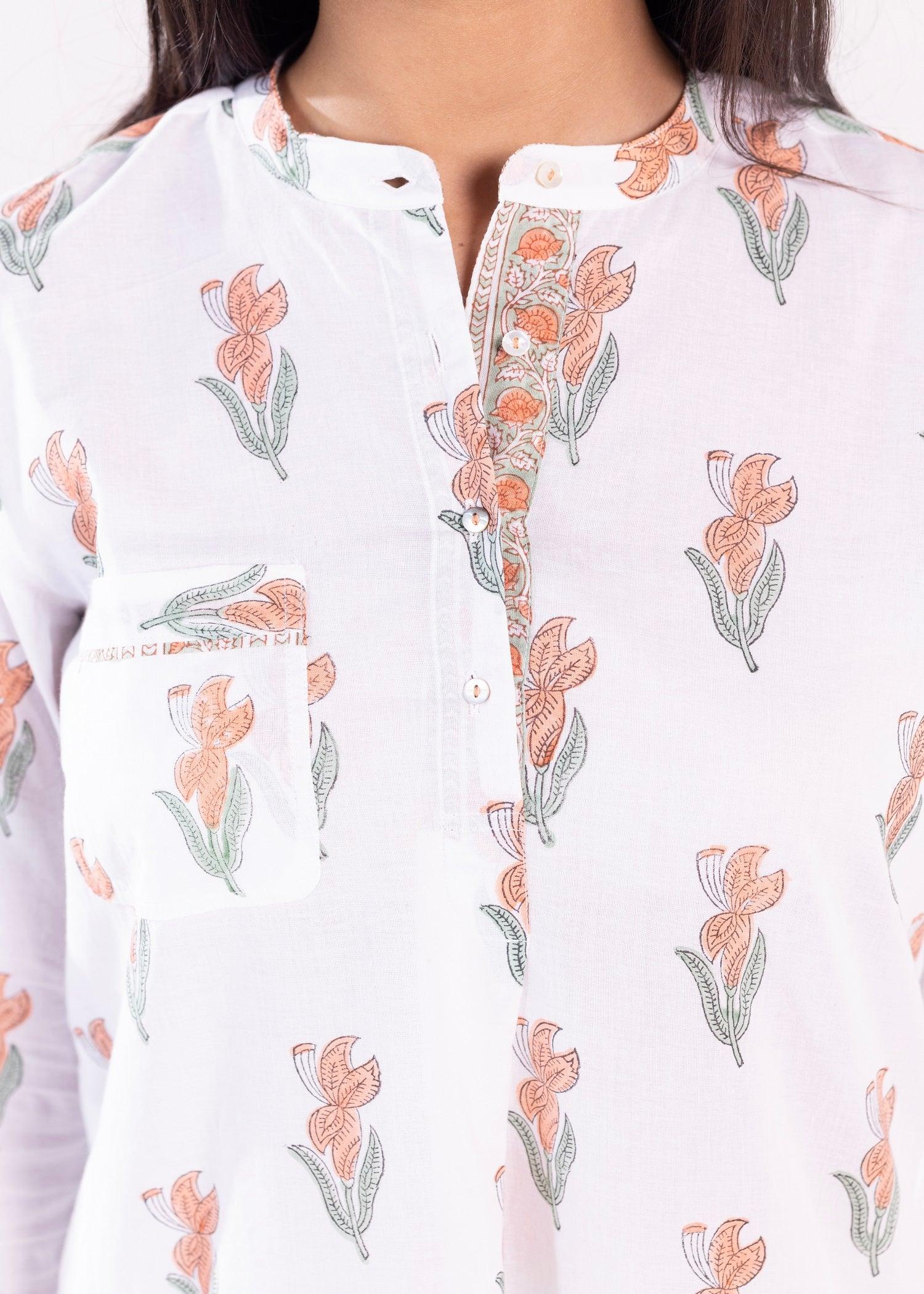 White & Dusty Orange Cotton Kurta with Handcrafted Block Print