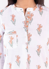 White & Dusty Orange Cotton Kurta with Handcrafted Block Print