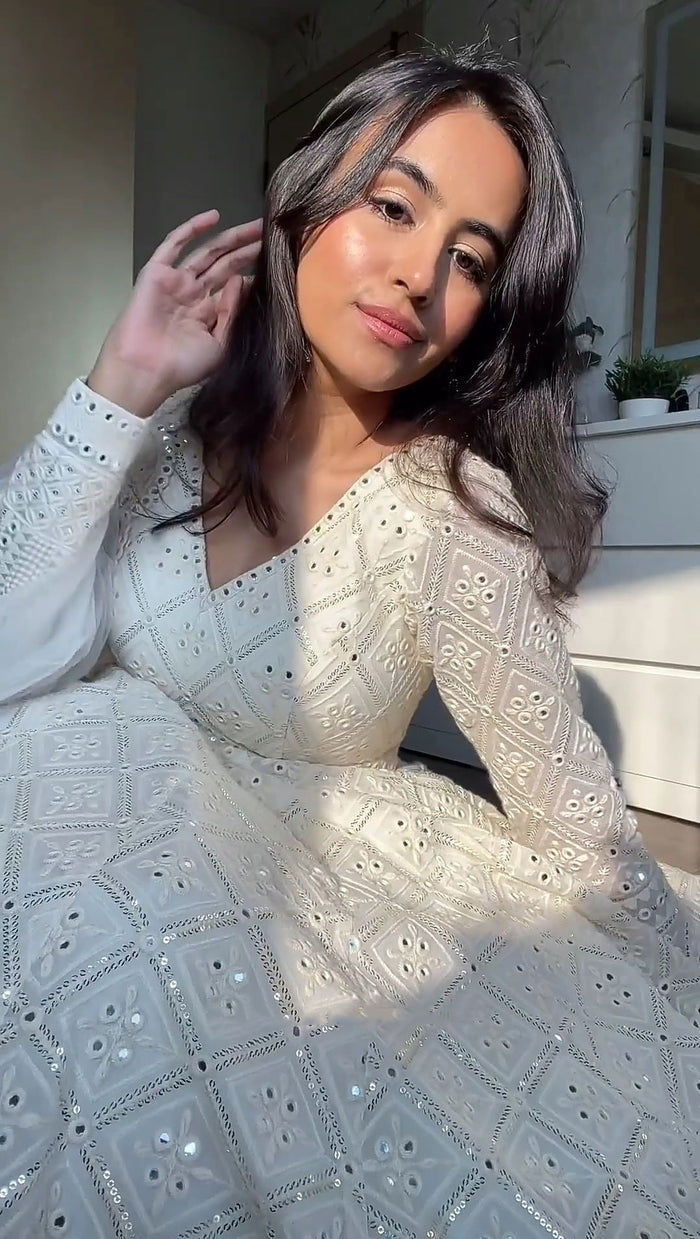 White Embroidered Georgette Anarkali Suit Set with Dupatta