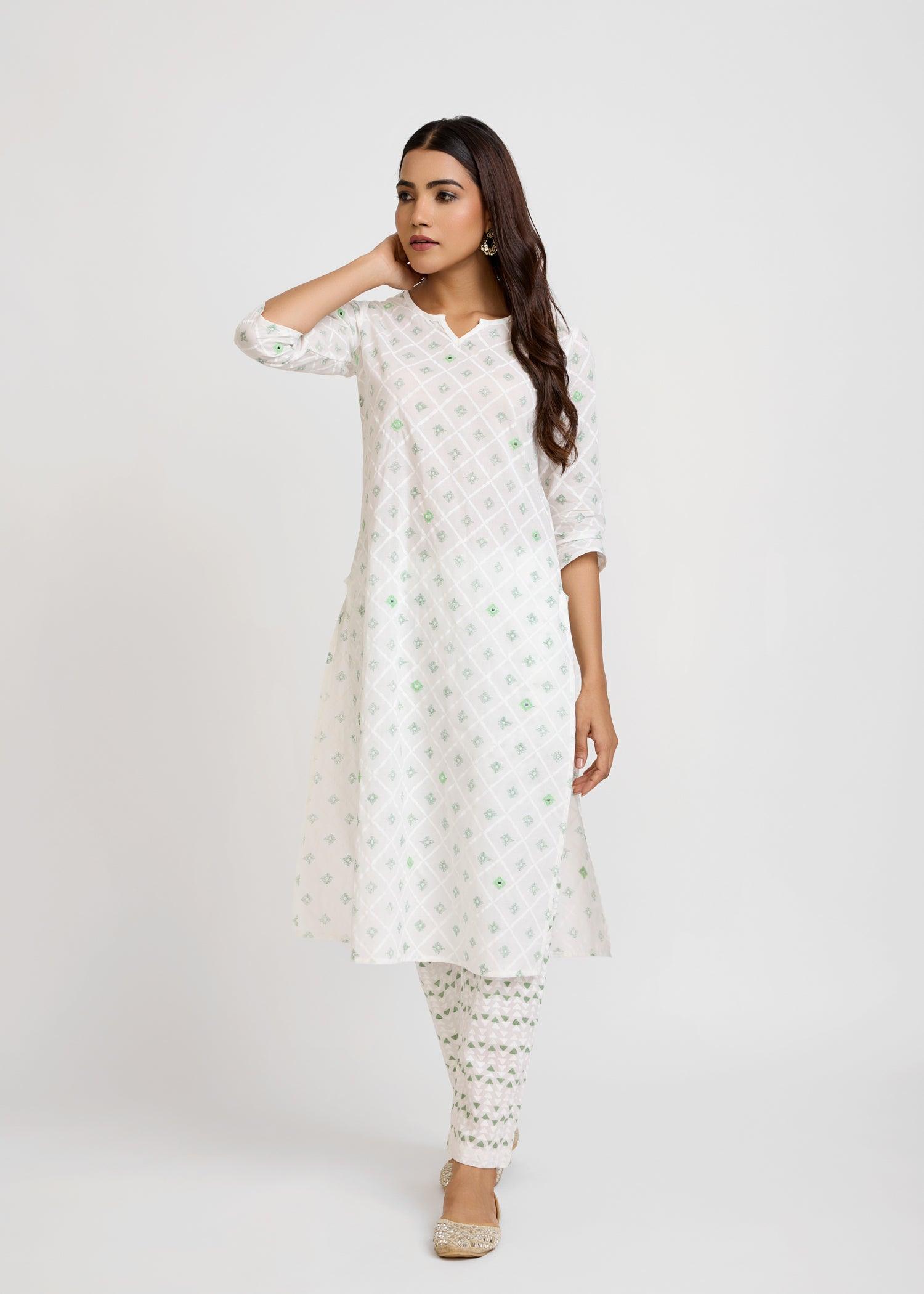 White & Green Cotton A-Line Kurta with Block Print & Embroidery