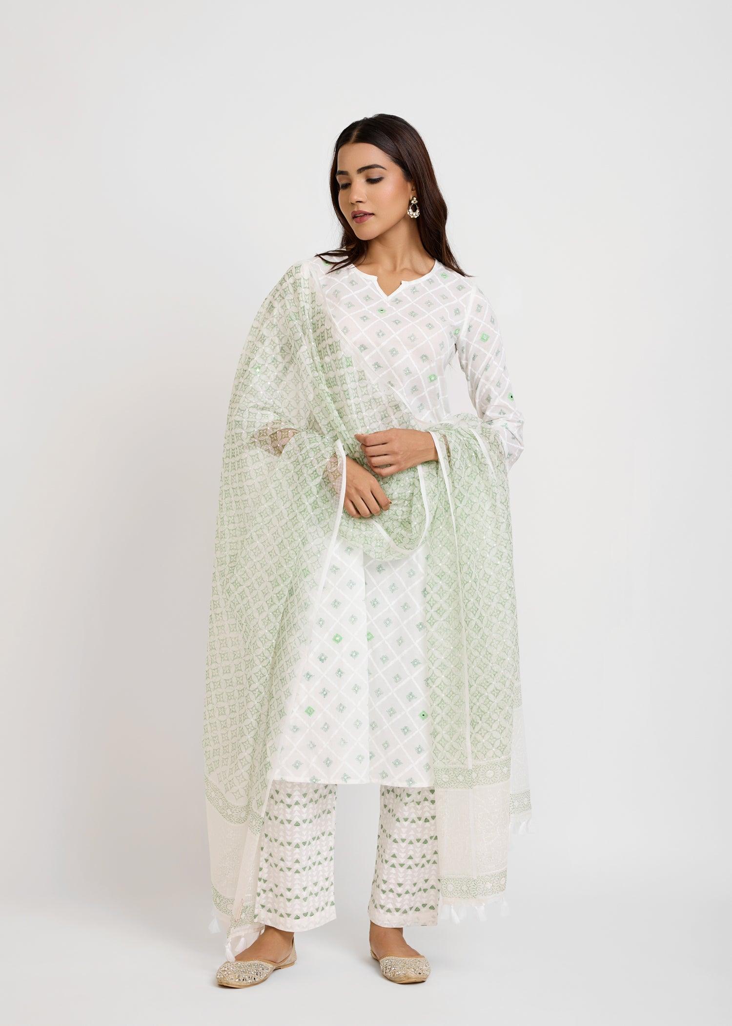 White & Green Cotton A-Line Kurta with Block Print & Embroidery