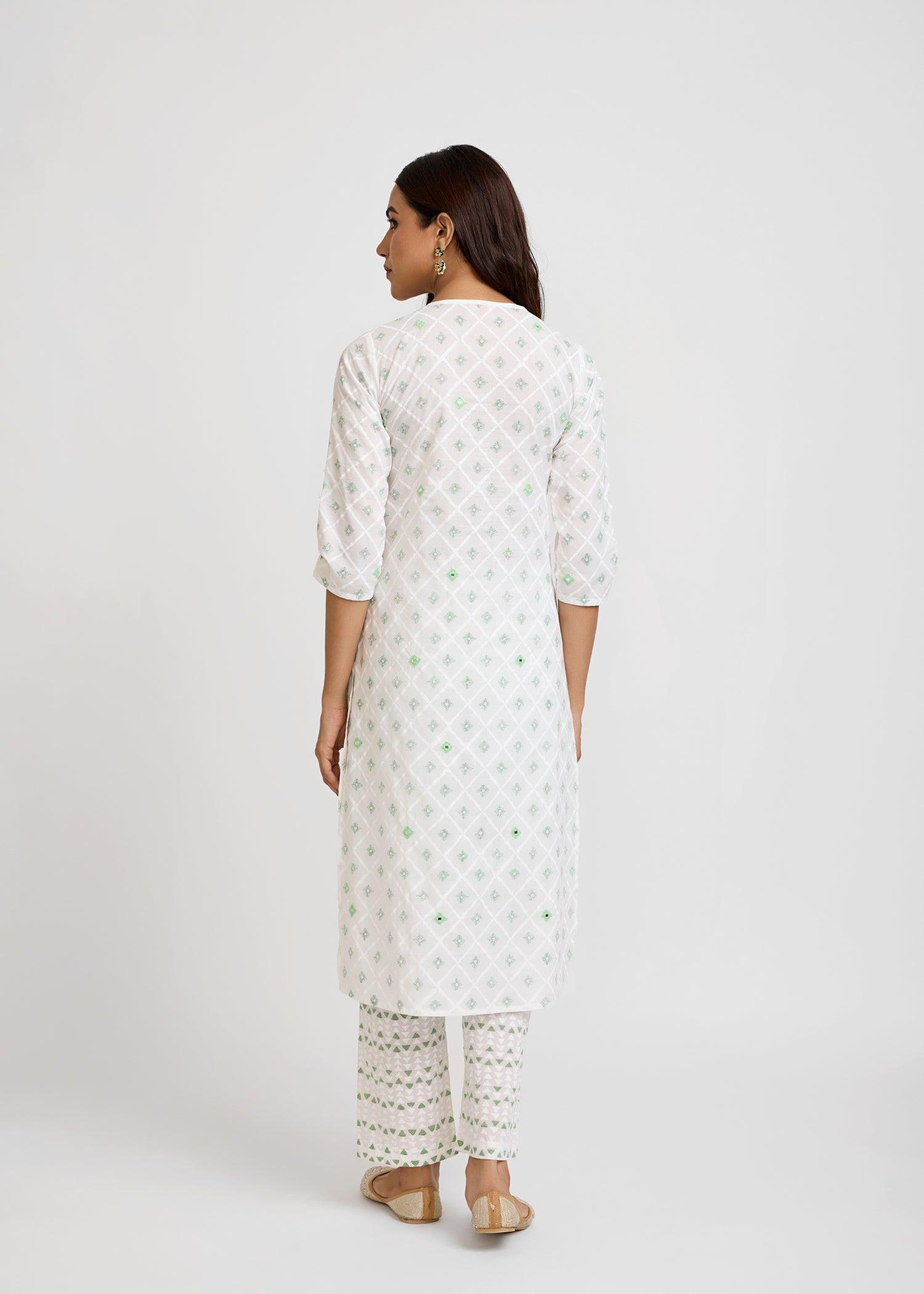 White & Green Cotton A-Line Kurta with Block Print & Embroidery