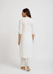 White & Green Cotton A-Line Kurta with Block Print & Embroidery