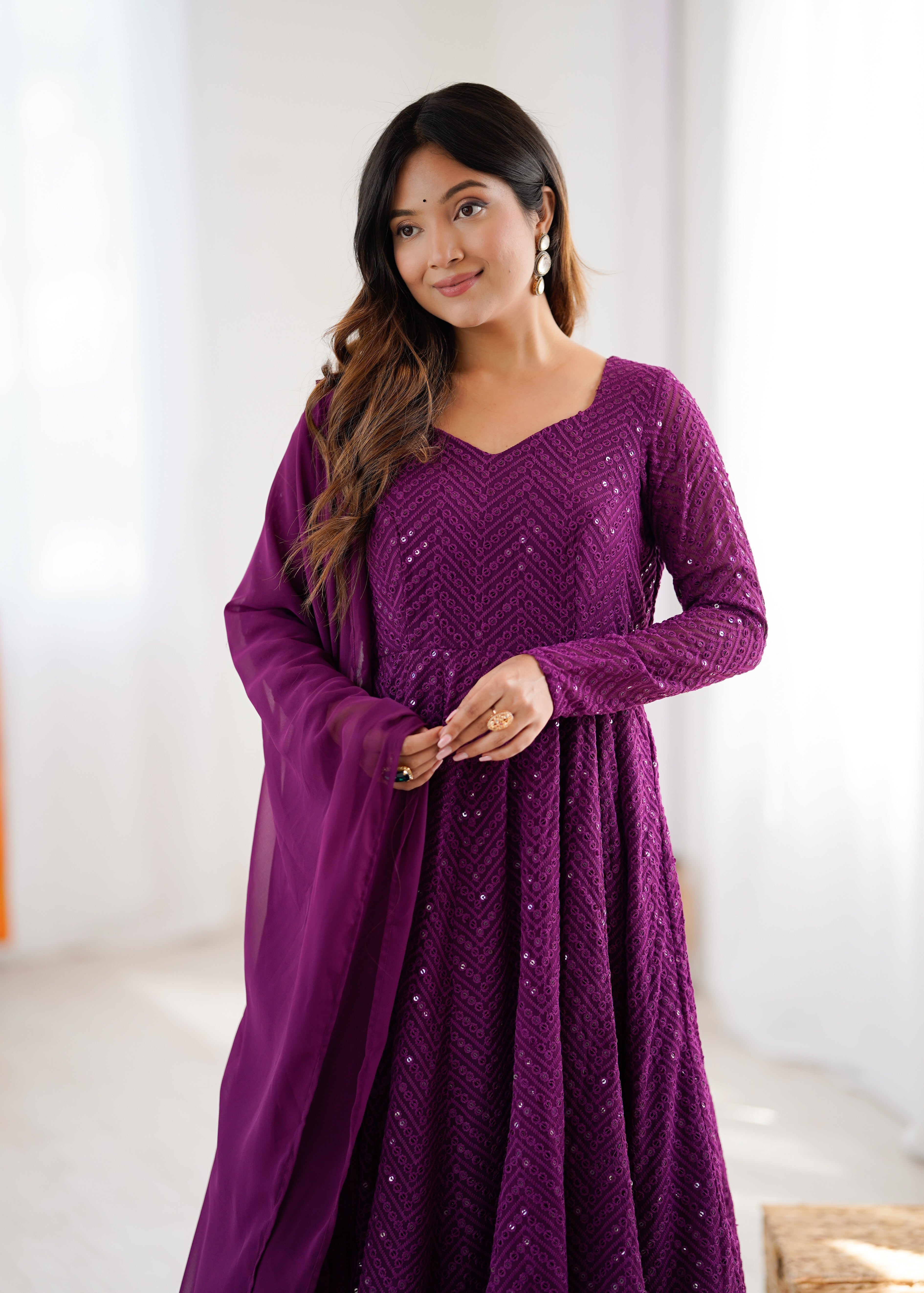 Wine Georgette Anarkali Suit with Lucknowi Embroidery & Ruffle Dupatta