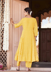 Yellow Cotton Flared Kurta with Classic Bandhej Print
