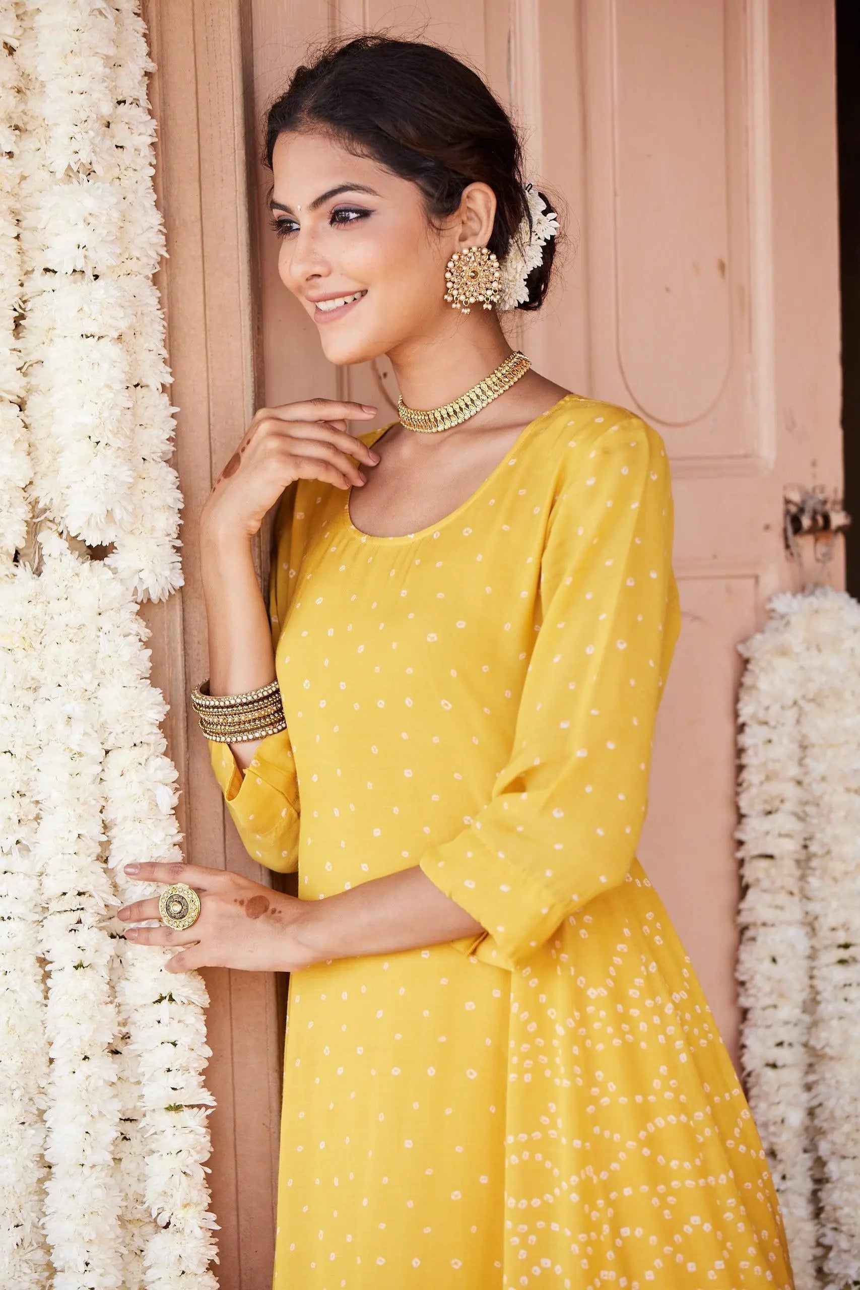 Yellow Cotton Flared Kurta with Classic Bandhej Print