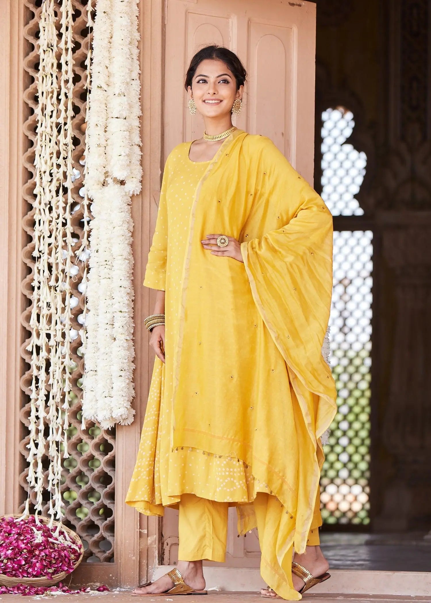 Yellow Cotton Flared Kurta with Classic Bandhej Print