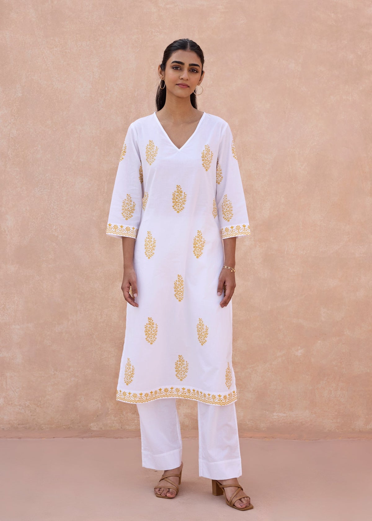 Yellow V-Neck Cotton Kurta with Classic Buta Print