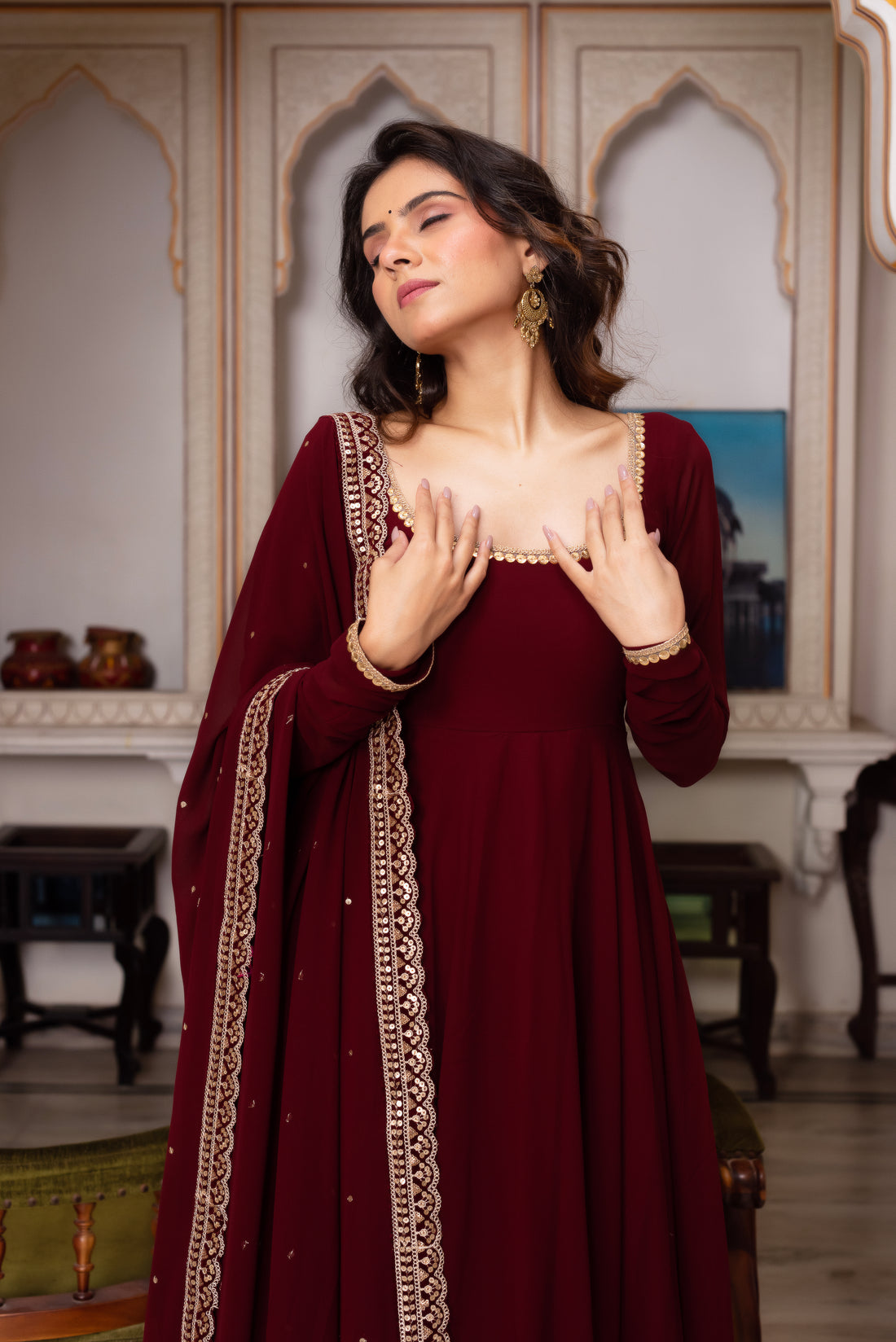 Maroon Faux Georgette Anarkali Suit – Sequence Work, Fully Stitched