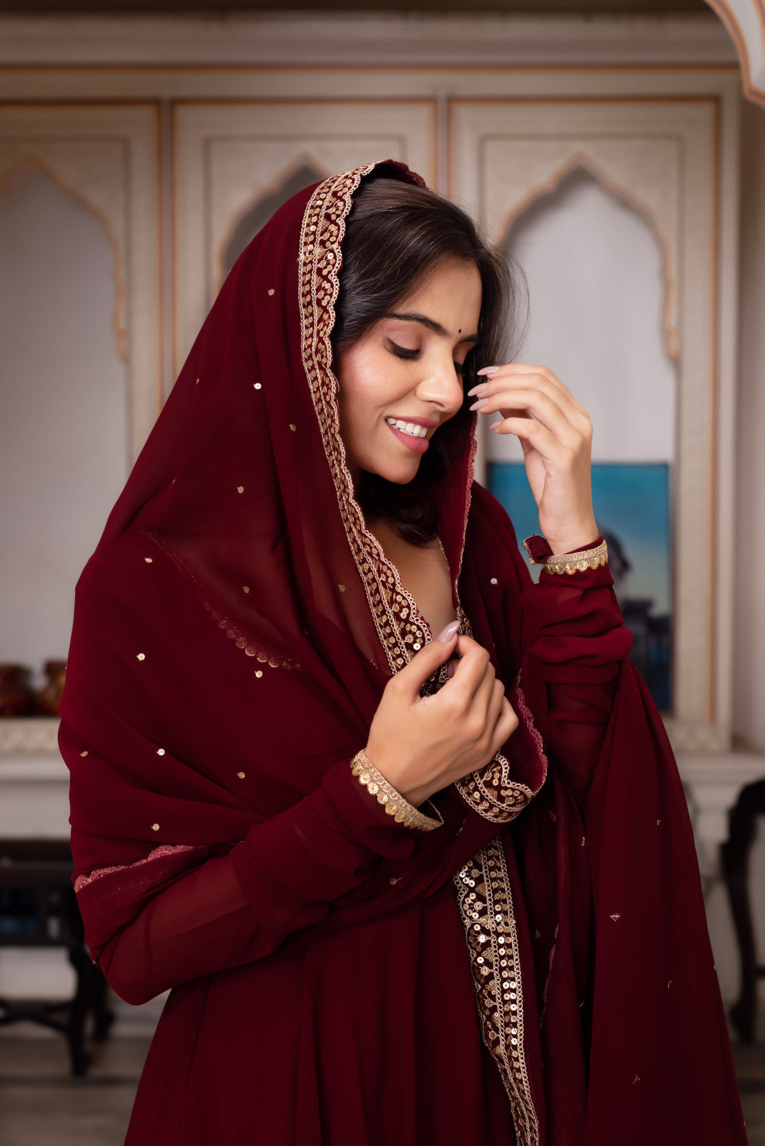 Maroon Faux Georgette Anarkali Suit – Sequence Work, Fully Stitched